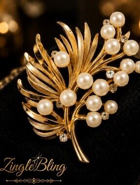 Vintage Trifari Gold Tone Faux Pearl Rhinestone Floral Spray Brooch Pin Signed